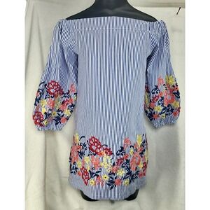 Anthropologie Seersucker Sailor Core Mini Dress Medium Embroidered Floral Stripe